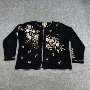 Heirloom Collectibles Cardigan Sweater Womens M Black Floral Rose Embroidered